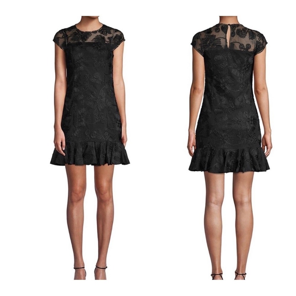 Halston Black Floral Embroidered Mesh Ruffle Hem Cocktail Dress 4 Whimsigoth